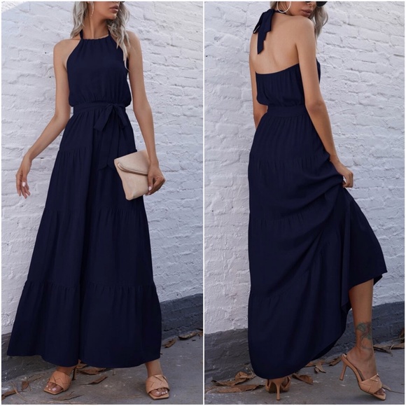 boho Black tiered ruffle belted halter maxi dress - Picture 7 of 8